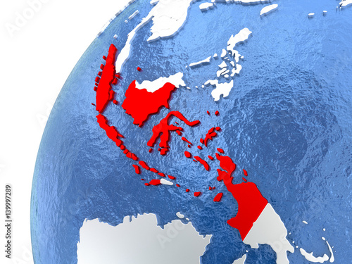 Indonesia on metallic globe with blue oceans