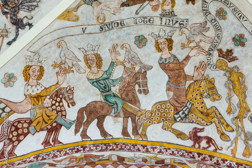 Three brave kings on horses meet the death, an old fresco painting