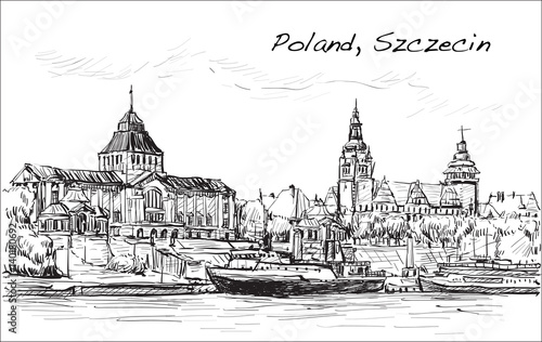 Sketch Cityscape of Poland, Szczecin city ,free hand draw illustration vector
