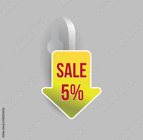 Vector yellow arrow shape wobbler mockup with transparent strip and grey background. Sale message template for your hanging shelf tag design.