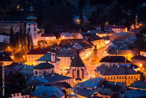 Center of historical mining town Banska Stiavnica at night, Slovakia, Unesco site
