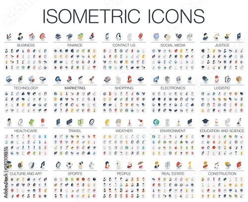 Vector illustration of isometric flat icons for business, bank, social media market, justice, internet technology, shop, education, sport, healthcare, art and construction. Color 3d web symbols set.