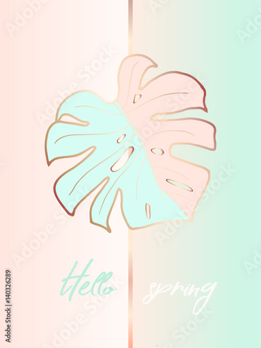 Design of poster for the interior. Hello spring. The decoration of the house. Trendy monstera leaf with a bronze outline on pink and blue background. Vector. Suitable for covers, cards, brochures.