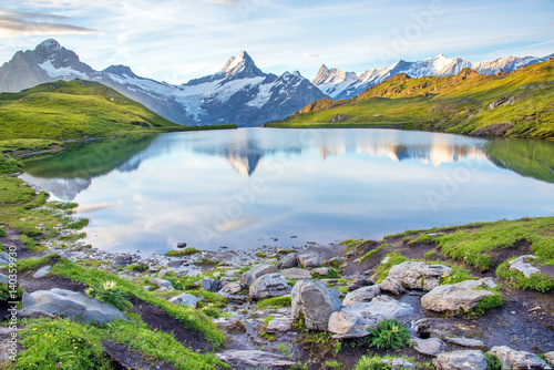 Nice landscape with lake in the Swiss Alps, Europe. Wetterhorn, Schreckhorn, Finsteraarhorn et Bachsee. ( relaxation, harmony, anti-stress - concept).