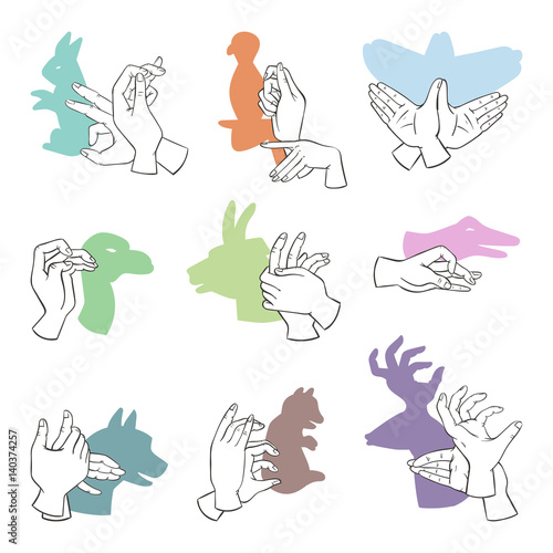 Hands gesture like different animals imagination theatrical symbol and people finger figures puppet copy leisure shadow silhouette vector illustration.