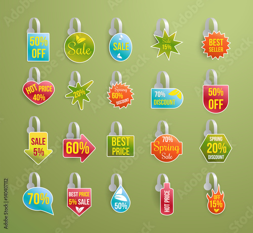 Shelf wobbler discount labels mockup set with strip isolated on green background, sale and best seller tags for product sale in shop, best price, special offer, realistic design, vector illustration