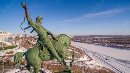 Monument to Salavat Yulaev in Ufa at winter aerial view