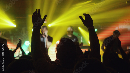 Fans waving their hands. People crowd partying at rock concert in night club.