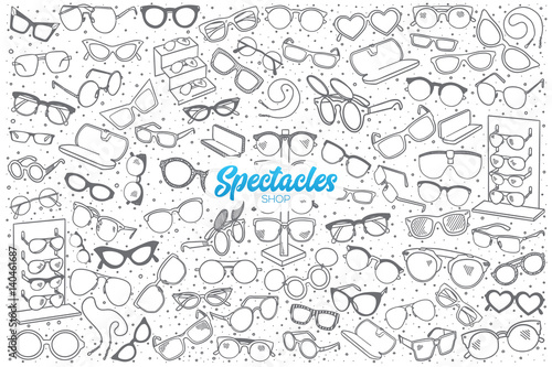 Hand drawn spectacles shop doodle set background with blue lettering in vector