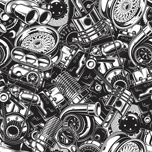 Automobile car parts seamless pattern with monochrome black and white elements background.