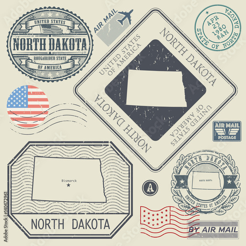Retro vintage postage stamps set North Dakota, United States