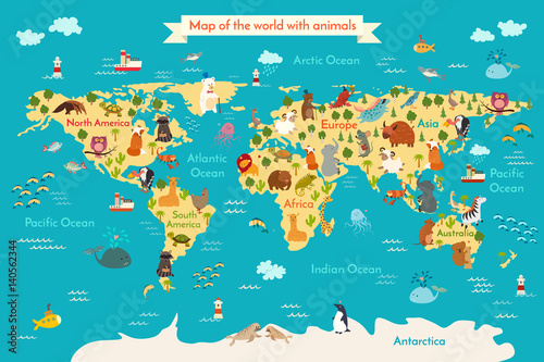Animals world map. Vector illustration, preschool, baby,continents, oceans, drawn, Earth.