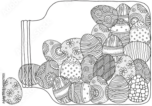 Pattern for adult coloring book. A4 size. Hand-drawn decorative elements. Easter eggs in a glass jar. Black and white. Made by trace from sketch. Zentangle.