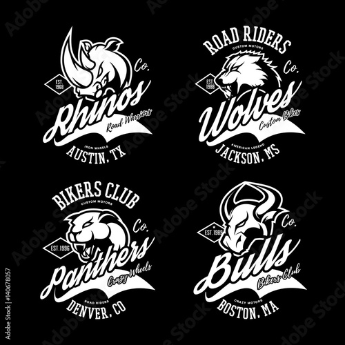 Vintage American furious bull, wolf, panther, rhino bikers club tee print vector design. Street wear t-shirt emblem. Premium quality wild animal superior logo concept illustration.