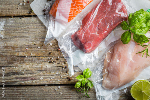 Beef, chicken and salmon in vacuum plastic bag for sous vide cooking