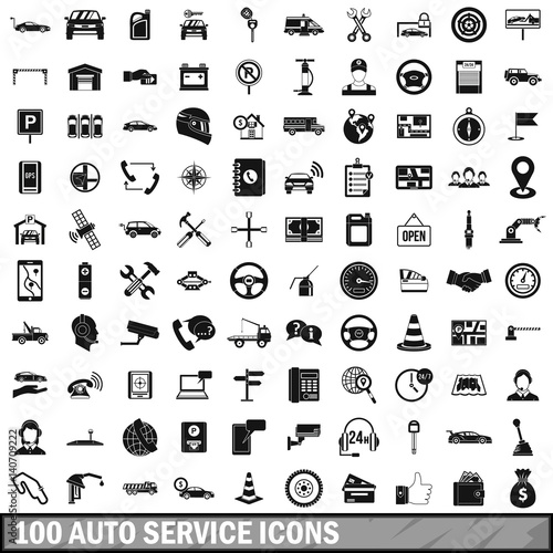 100 auto service center icons set, simple style 
