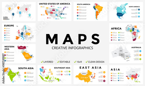 Vector map infographic. Slide presentation. Global business marketing concept. Color country. World transportation geography data. Economic statistic template. World, America, Africa, Europe, Asia