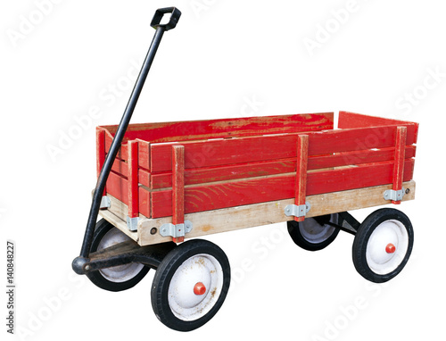 Little red wood wagon. Isolated.