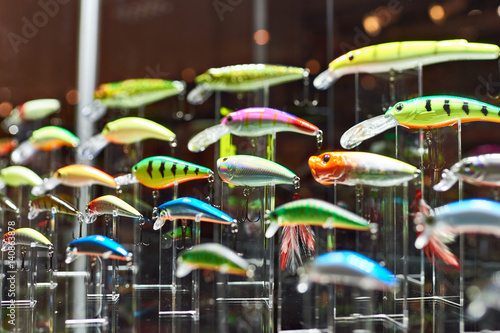 Colorful plastic fishing baits in store
