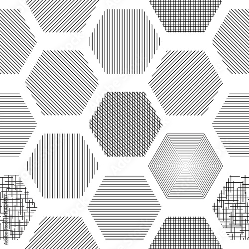 Abstract seamless geometric background with hexagons with different texture, hatching