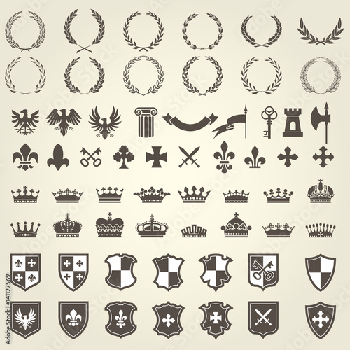 Heraldry kit of knight blazons and coat of arms elements - medieval heraldic emblems