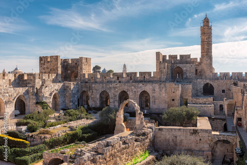 The Tower of David in ancient Jerusalem Citadel, near the Jaffa Gate in Old City of Jerusalem, Israel.