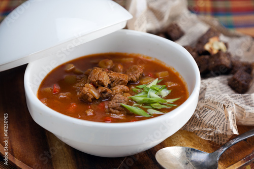 Hungarian goulash soup made of beef and vegetables