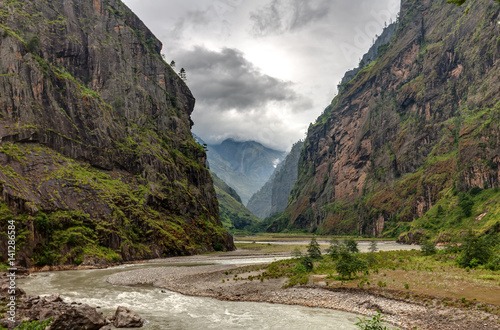 Green valley on Manaslu circuit in Himalaya mountains, Nepal