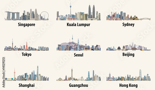 vector illustrations of Singapore, Kuala Lumpur, Sydney, Tokyo, Seoul, Beijing, Shanghai, Guangzhou and Hong Kong skylines