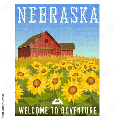 Nebraska travel poster or sticker. Vector illustration of sunflowers in front of old red barn. Rural landscape.