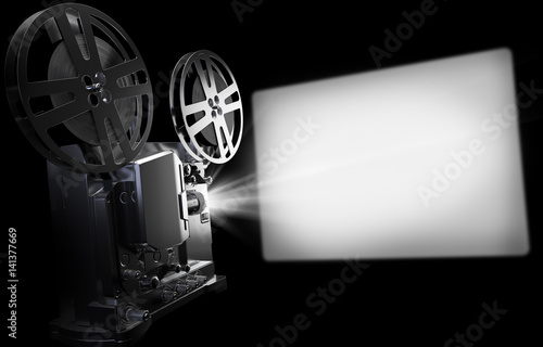 Old Cinema Projector and screen, Vintage Movie or Video Concept. 3d Rendering Illustration on black Background