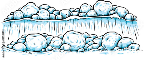 A cartoon snowscape of snow snowballs and snow boulders.