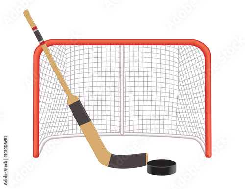 goalie stick in front of net with puck isolated on a white background
