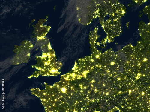 British Islands at night on planet Earth