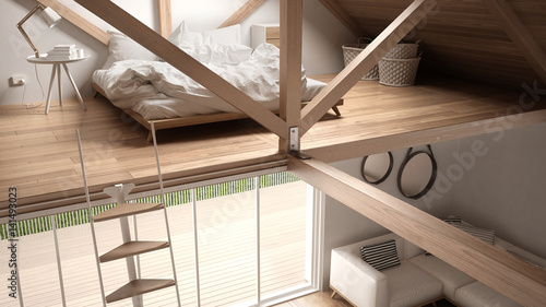 Mezzanine loft bedroom, stairs and living with sofa, minimalist scandinavian interior design