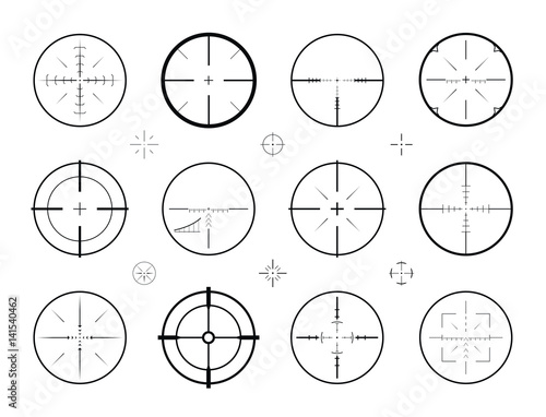 Target, sight sniper set of icons. Hunting, rifle scope, crosshair symbol. Vector illustration