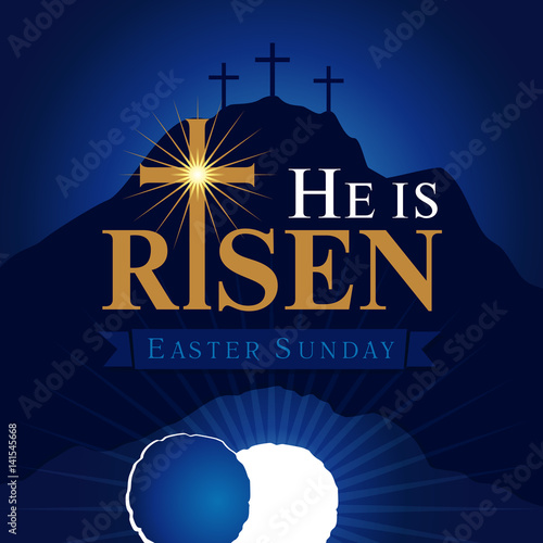 He is risen navy blue card. Easter christian motive,with text He is risen on on a background of rolled away from the tomb stone of Calvary