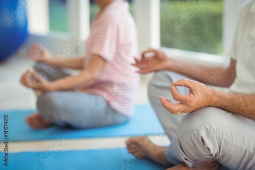 Mid-section of senior couple performing yoga on exercise mat
