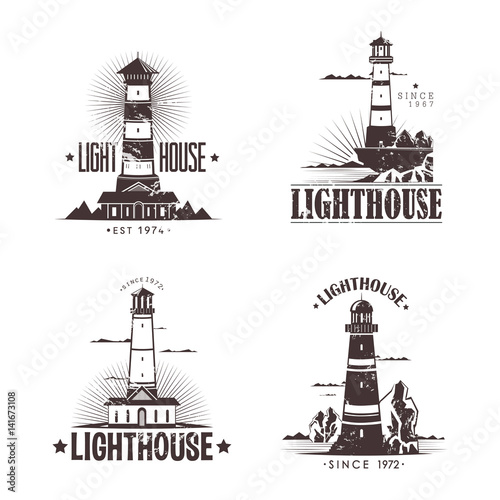 Set of sketches of lighthouses on rocks