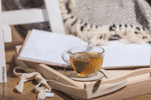 Still life details, cozy concept, cup of tea