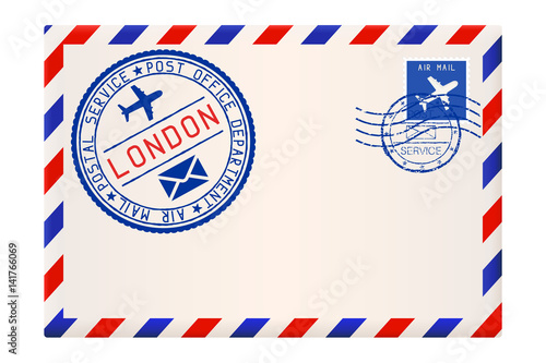 International air mail envelope from LONDON. With round blue postal stamp