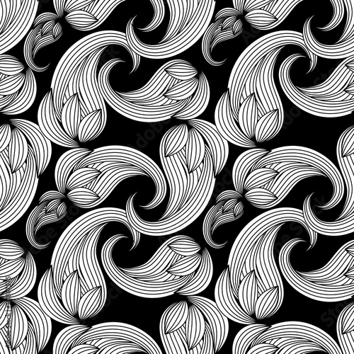 Paisleys seamless pattern. Black and white background wallpaper illustration with line art hand drawn striped flowers and vintage ornaments.Modern luxury texture for fabrics, textile.