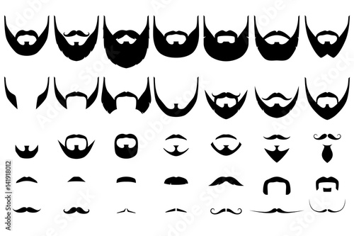 Set of isolated vector facial hair styles on white background. Beards and mustaches types big collection. Silhouette vintage beard and mustache. Hipster style emblems, icons, labels. 