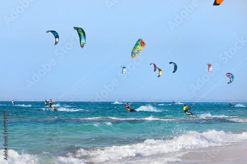 Kitesurfers on the Lefkada island, Greece.