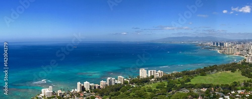 A blue panorama of the pacificm view from the top of the Diamond Head Monument, Waikiki Beach, Hawaii