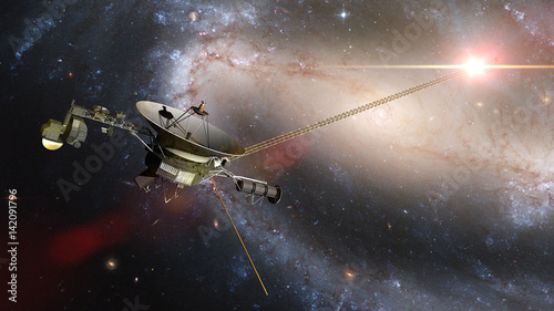Voyager spacecraft in front of a galaxy and a bright nearby star in deep space