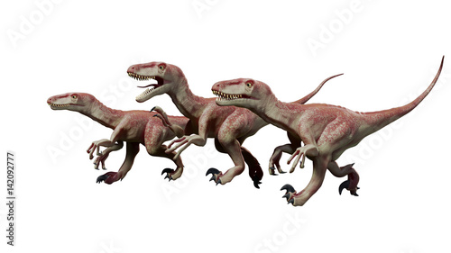 pack of raptor dinosaurs, running Dromaeosaurs, 3d illustration isolated on white background