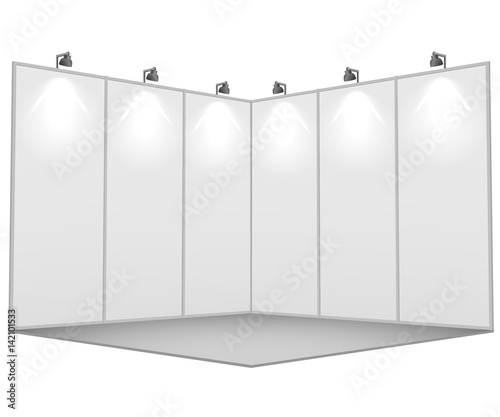 Blank white exhibition stand 3x3 sections vector template.