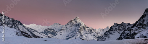 Panorama of the Khumbu valley in Nepal with Amadablam mount