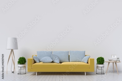 White living room interior with Yellow fabric sofa ,lamp and plants on empty white wall background.3d rendering